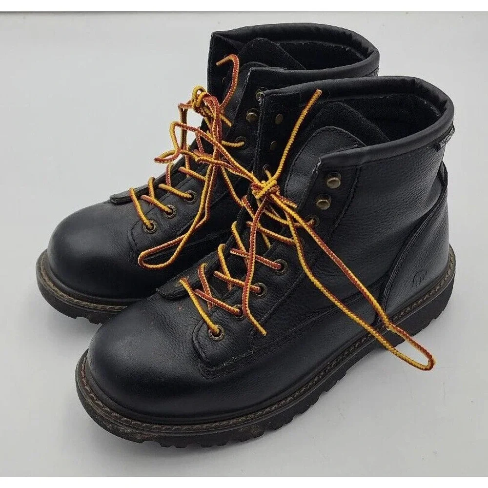 Wolverine Black Leather Work Boots with Orange Laces